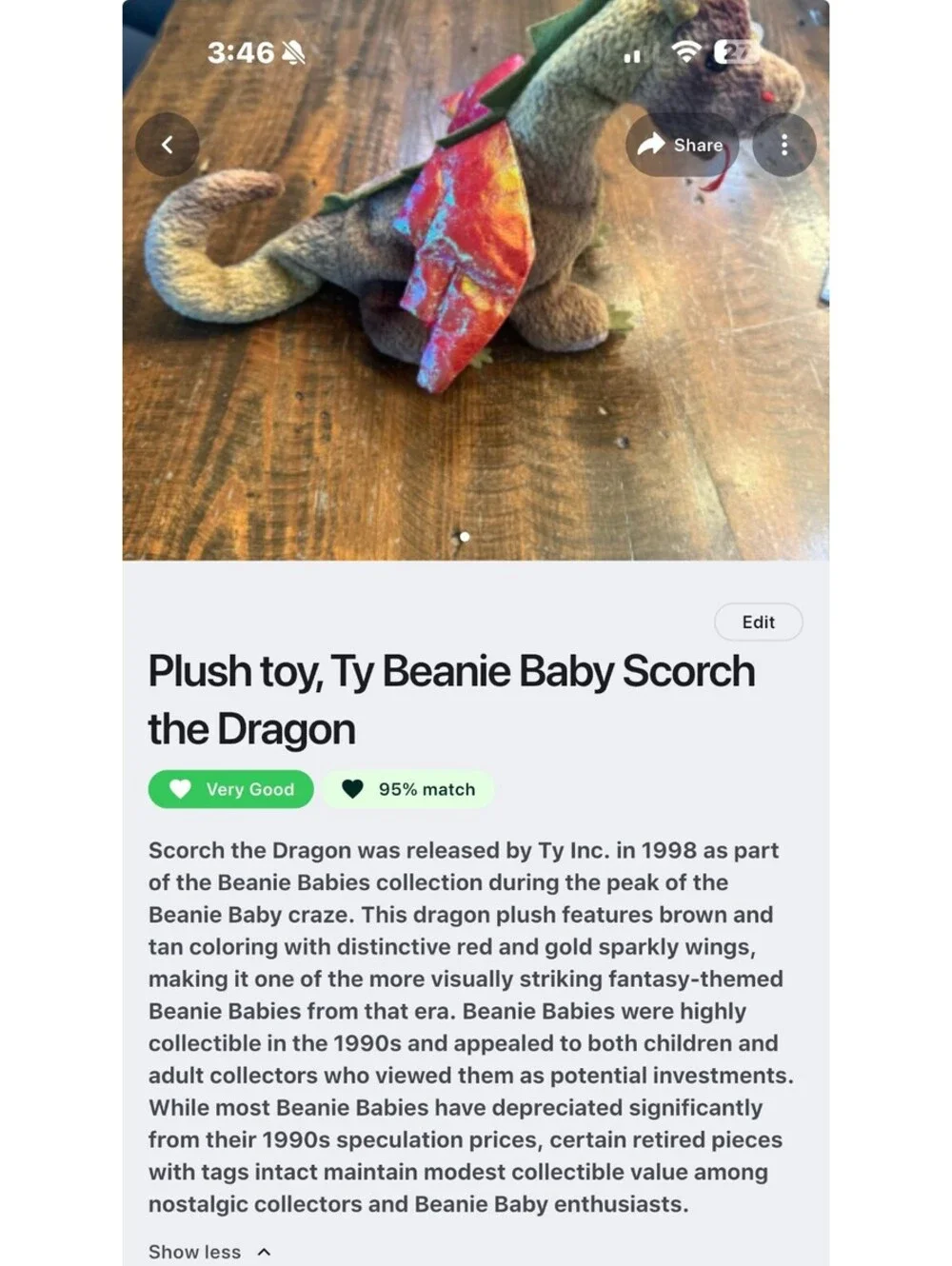 Ty Beanie Baby Scorch the Dragon Plush Toy